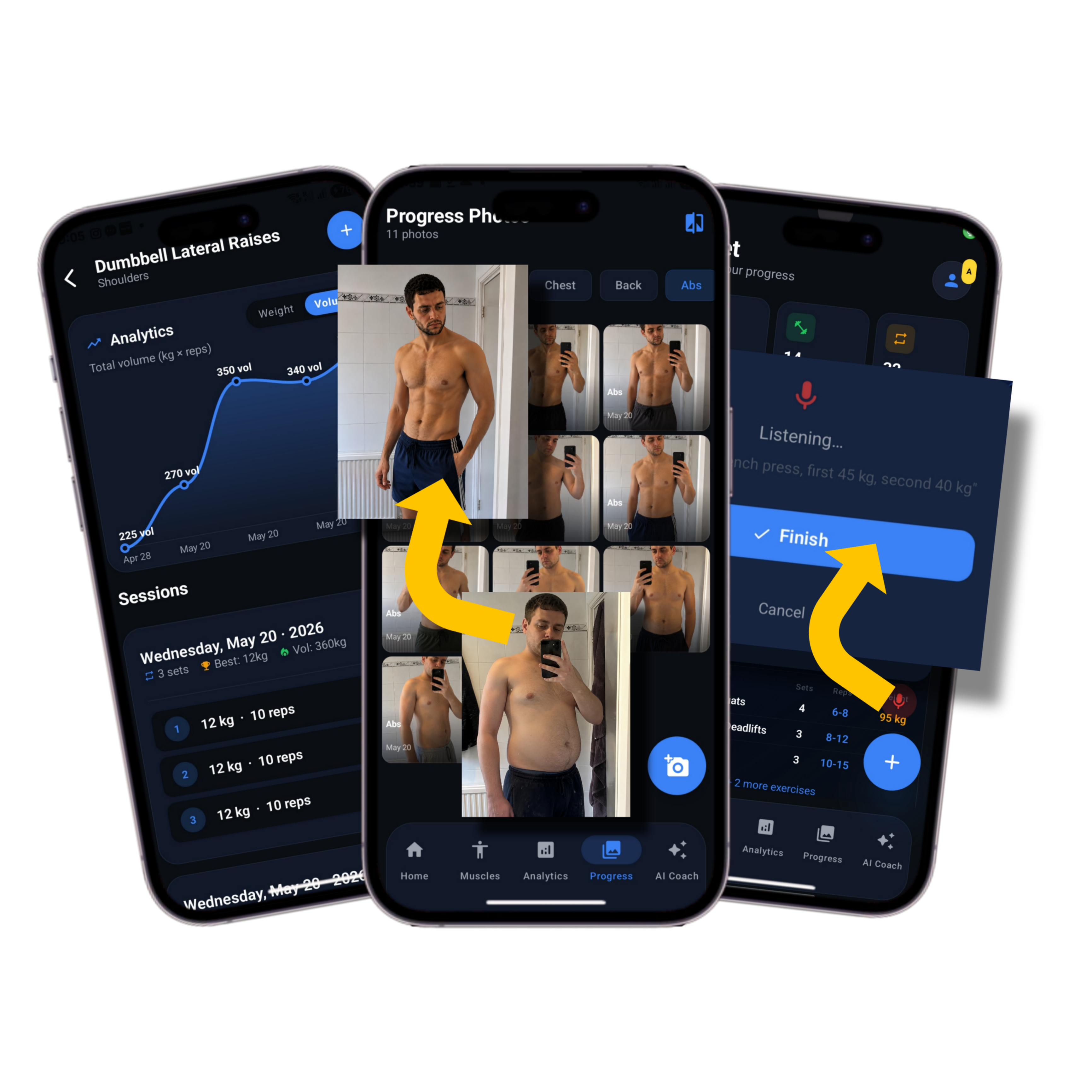 Sleet gym tracker app showing progress analytics, photo gallery, and voice logging features